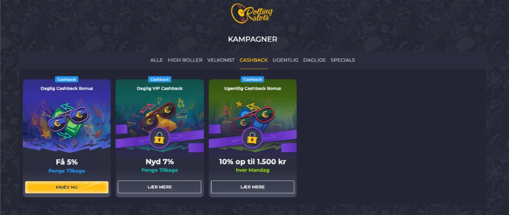 Cashback bonusser hos Rolling Slots Casino
