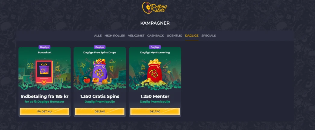 Daglige bonusser og belønninger hos Rolling Slots Casino