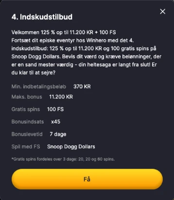 Ekstra velkomstbonus ved fjerde indbetaling hos WinHero Casino
