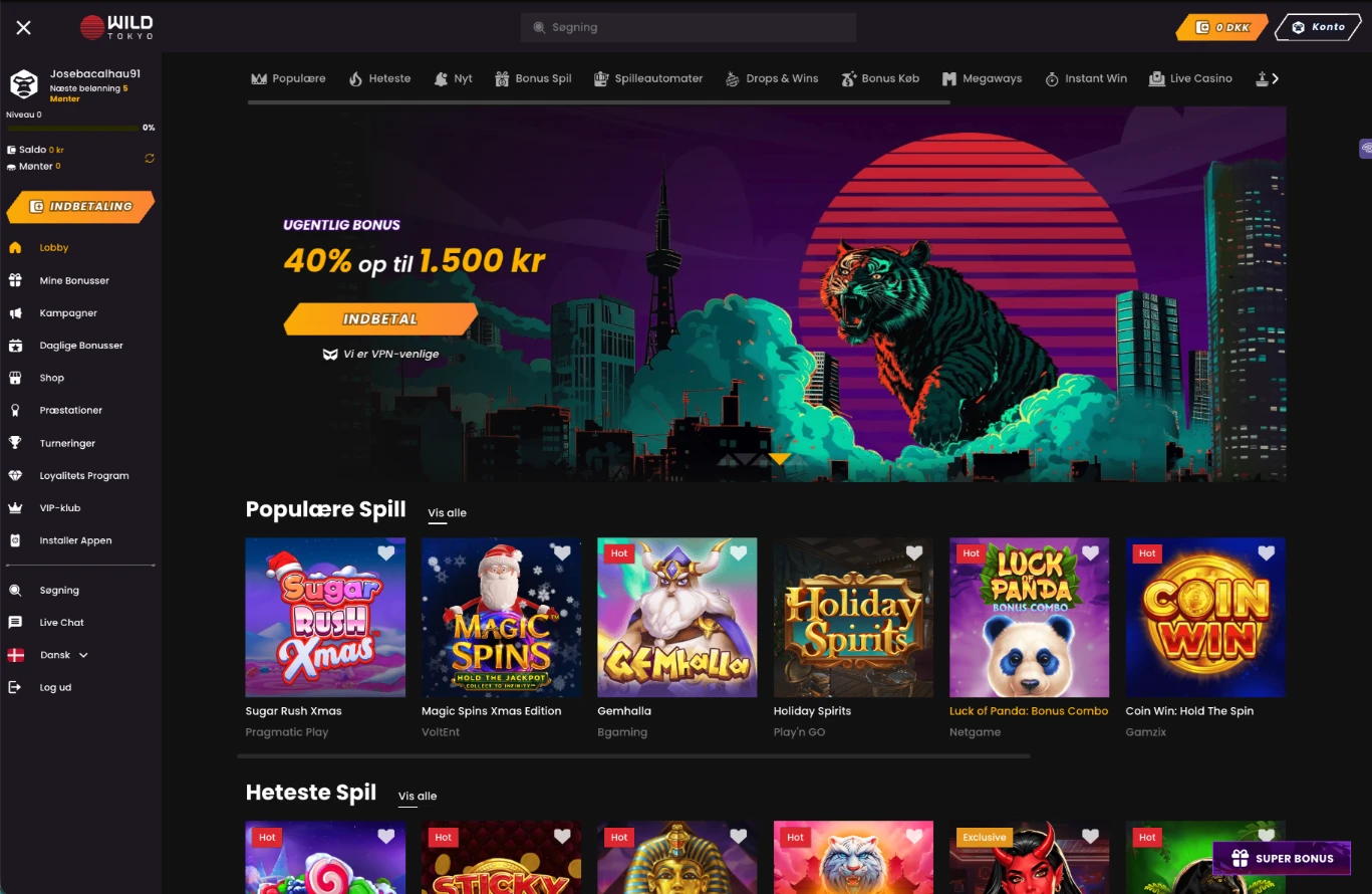 Forside-og-spil-lobby-hos-Wild-Tokyo-Casino