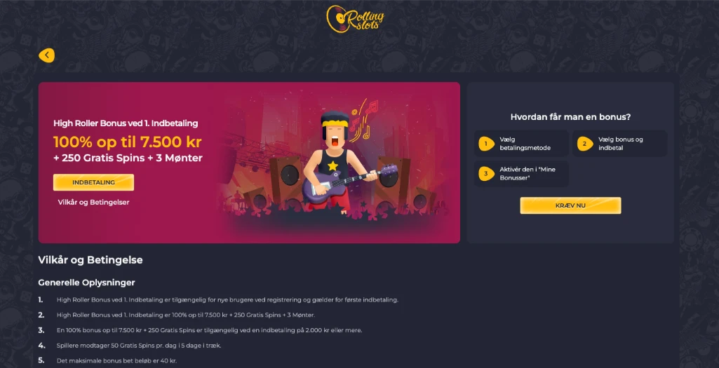 High Roller bonus 100% op til 7.500 kr hos Rolling Slots