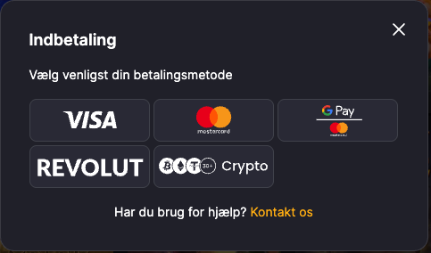 Indbetalingsmetoder hos WinHero med Visa, Mastercard, Google Pay, Revolut og kryptovaluta