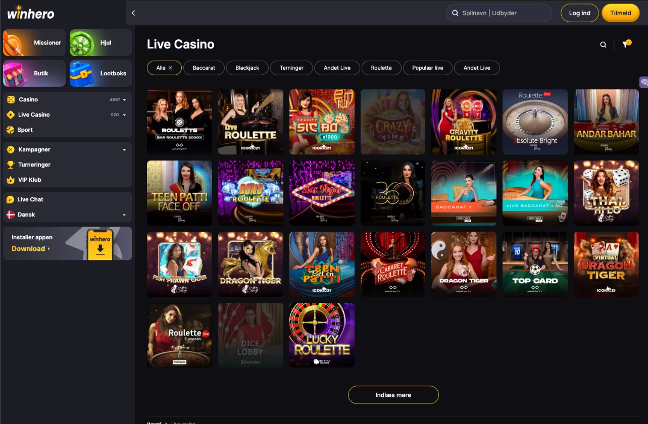 Live casino-lobby hos WinHero med roulette og blackjack