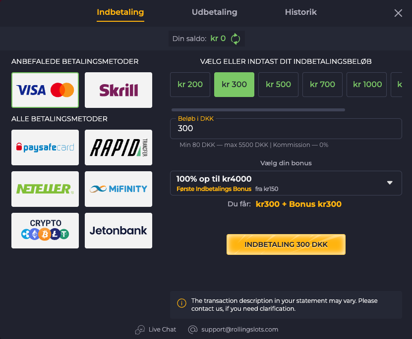 Rolling Slots indbetalingsvinduet med betalingsmetoder