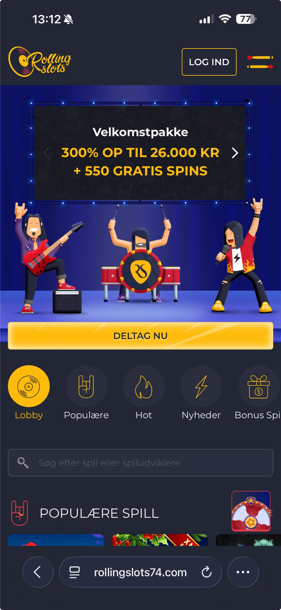 Rolling Slots mobilvisning lobby pa mobil