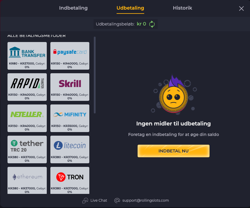 Rolling Slots udbetalingsmetoder