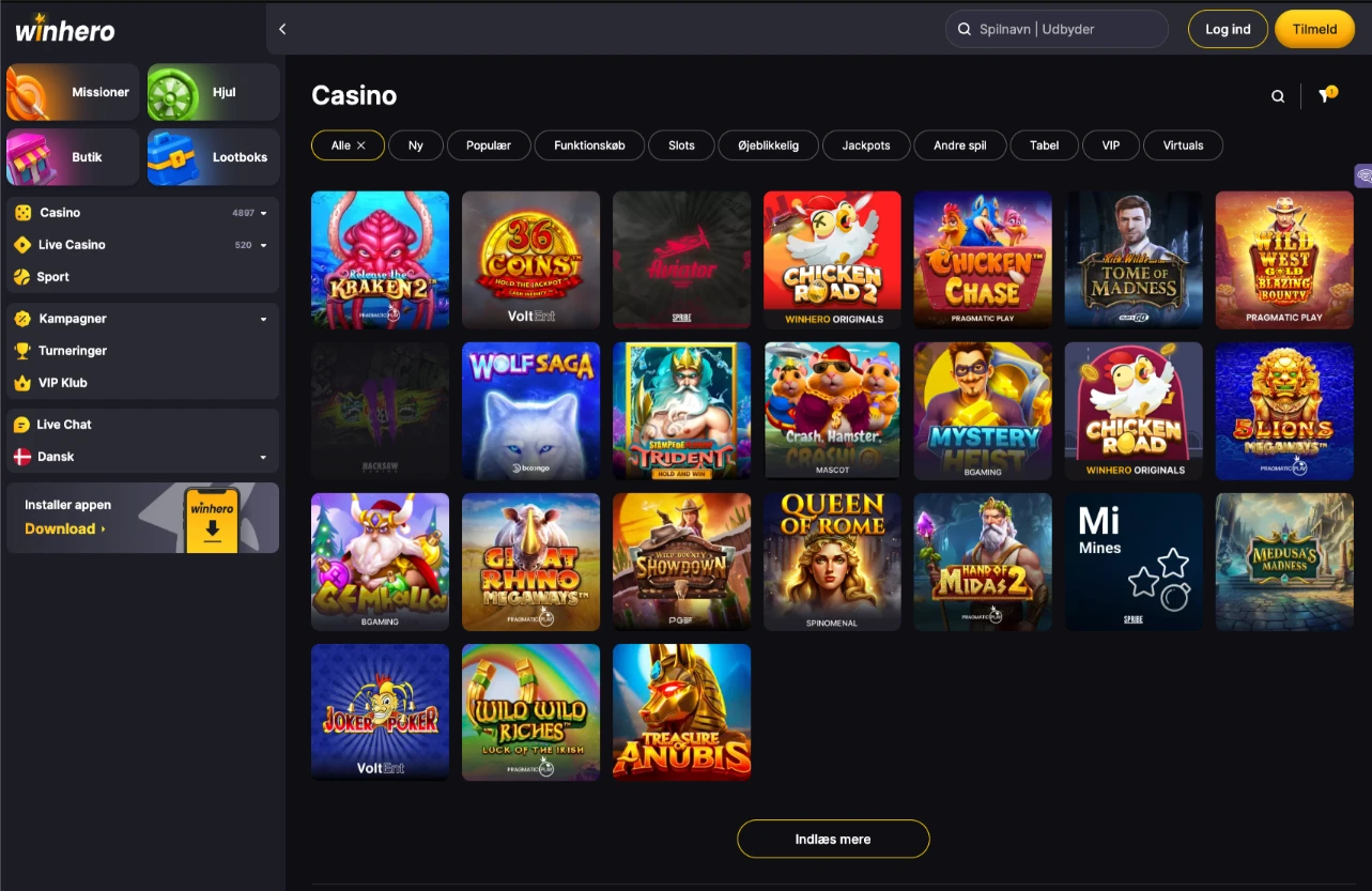 Spil-lobby og filtre hos WinHero Casino