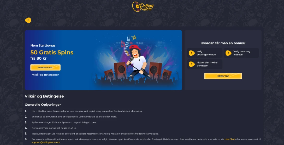 Startbonus med 50 gratis spins hos Rolling Slots Casino