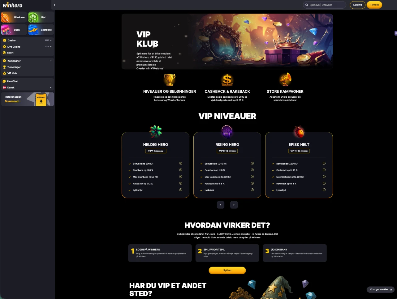 VIP- og Virtuals-filtre i WinHero spilmenu