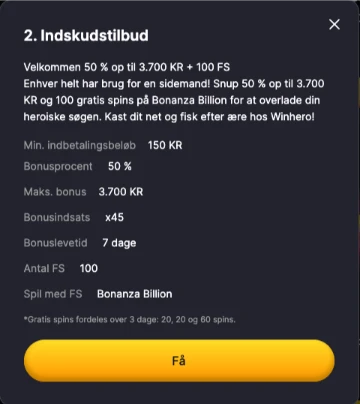 Velkomstbonus ved anden indbetaling hos WinHero Casino