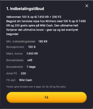 Velkomstbonus ved første indbetaling hos WinHero Casino