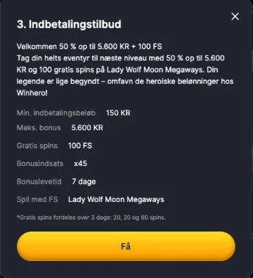 Velkomstbonus ved tredje indbetaling hos WinHero Casino