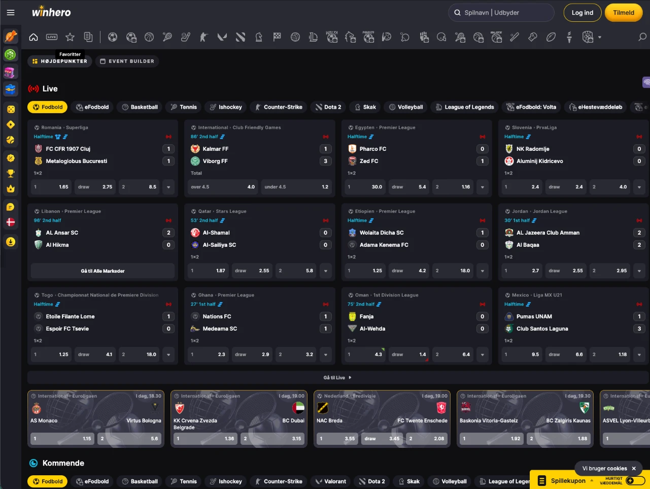 WinHero sports betting lobby med fodbold, tennis og basketball markeder