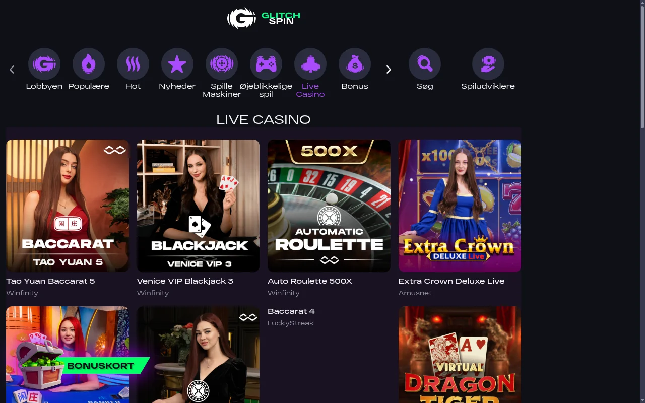GlitchSpin casino – screenshot af casinoets forside