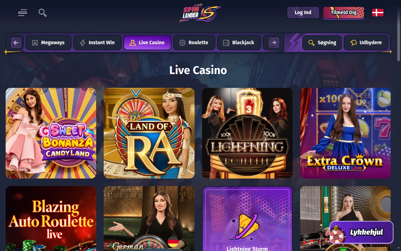 Spinlander casino – screenshot af casinoets forside